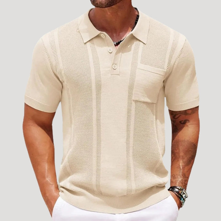 Herr stickad pikétröja henley kortärmad med struktur