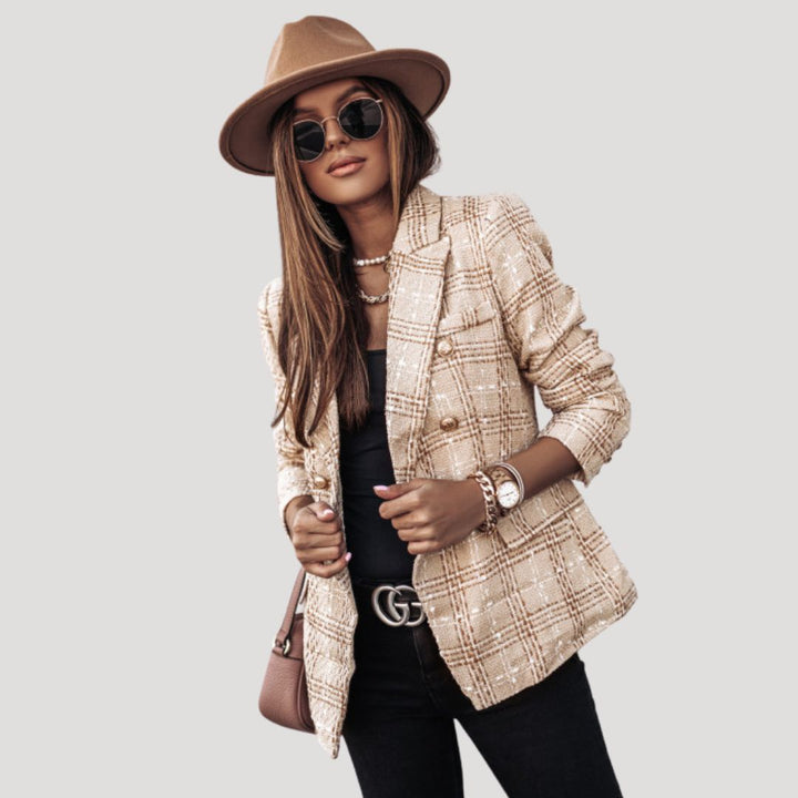 Dam rutig kavaj tweed elegant vårjacka stilren design