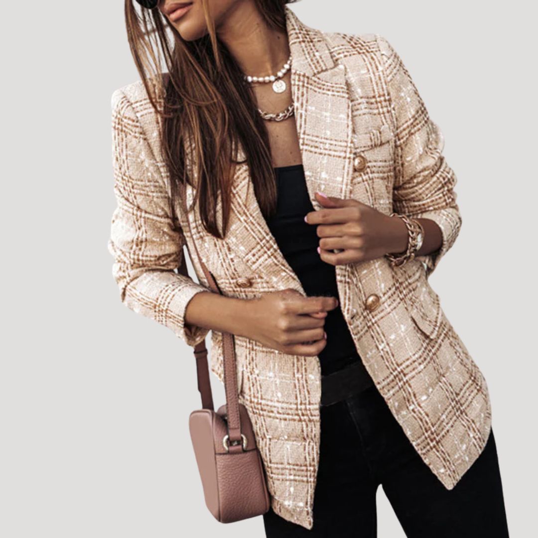 Dam rutig kavaj tweed elegant vårjacka stilren design