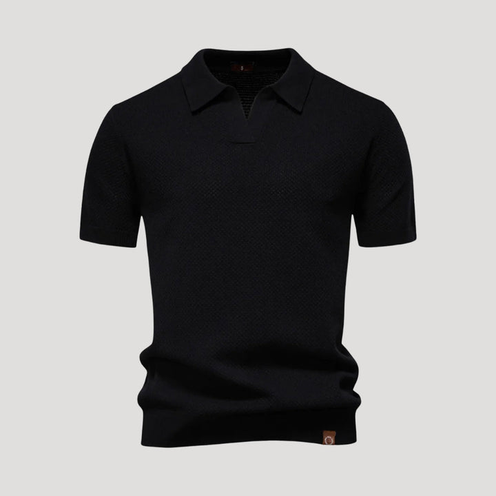 Herr stickad pikétröja henley med krage kort ärm
