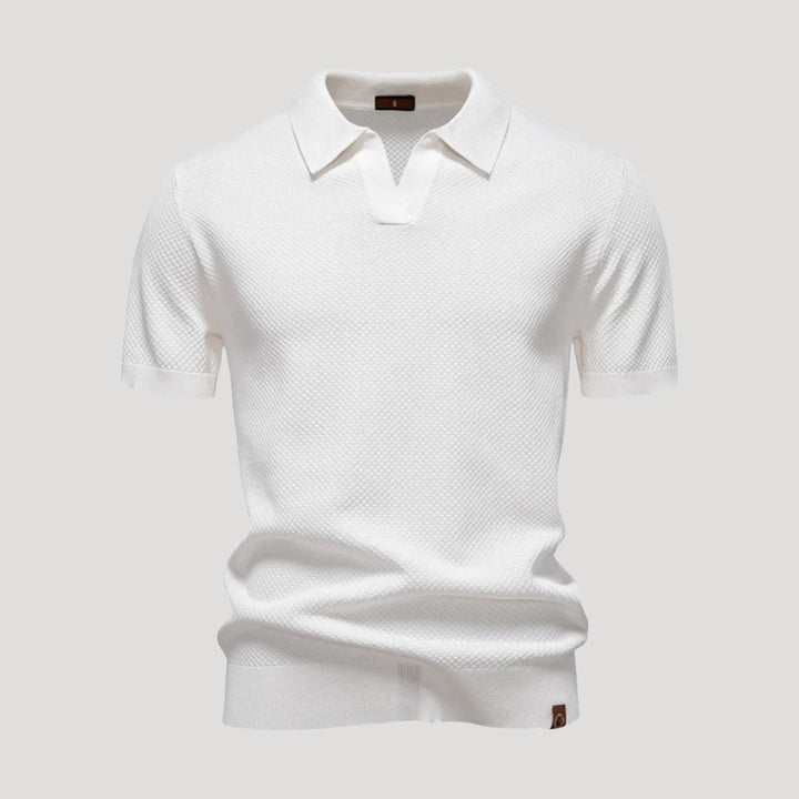 Herr stickad pikétröja henley med krage kort ärm
