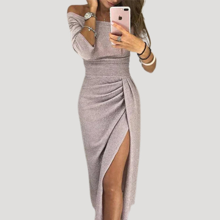 Dam midiklänning off shoulder slits elegant stil modern passform