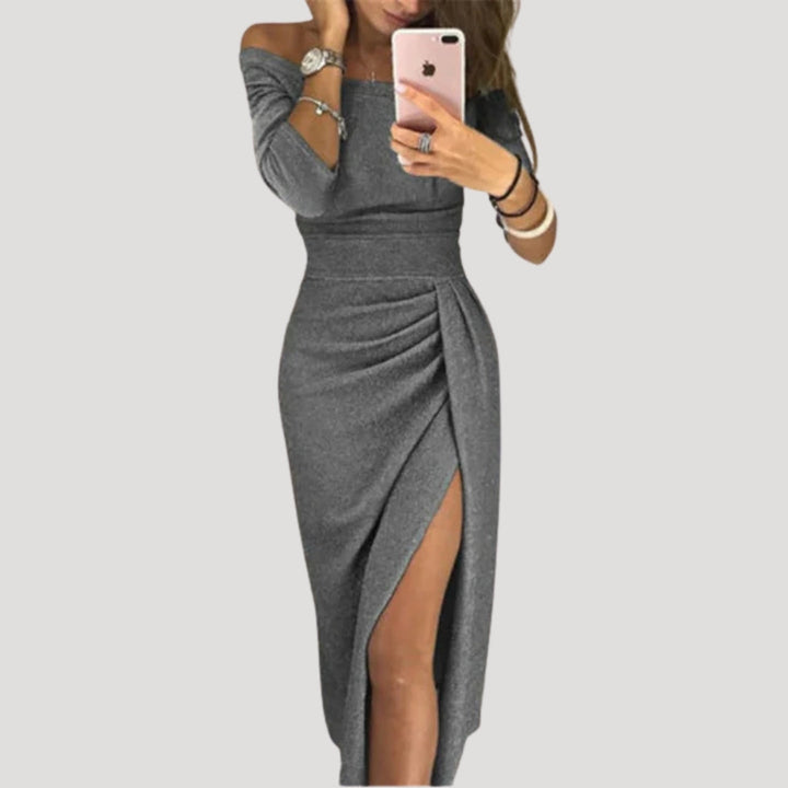 Dam midiklänning off shoulder slits elegant stil modern passform