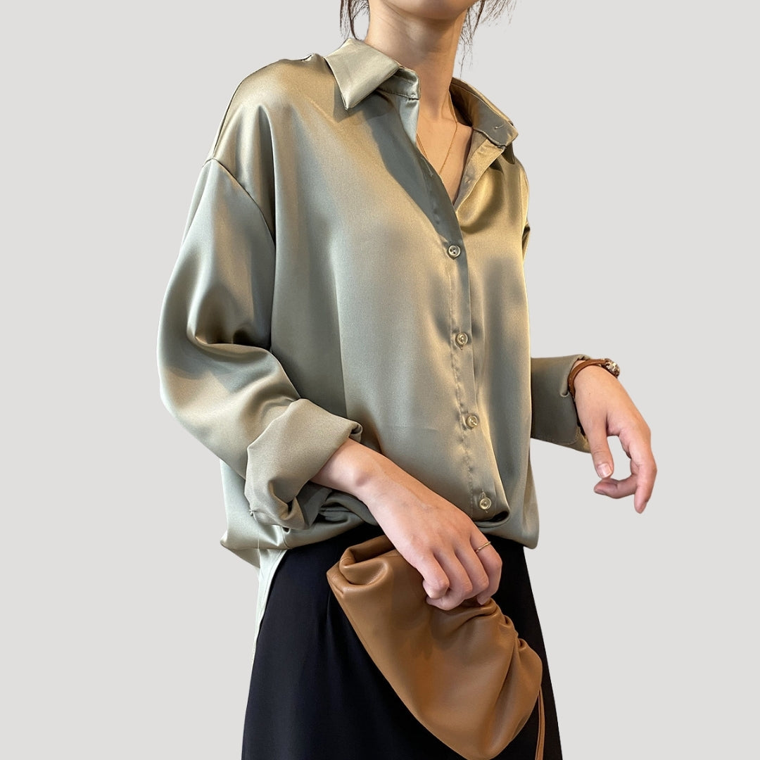 Dam sidenblus i satin långärmad skjortmodell snygga blusar elegant stil