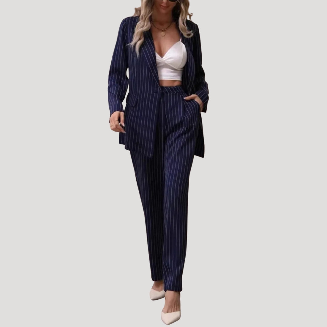 Dam kostym set med randig kavaj och byxor elegant
