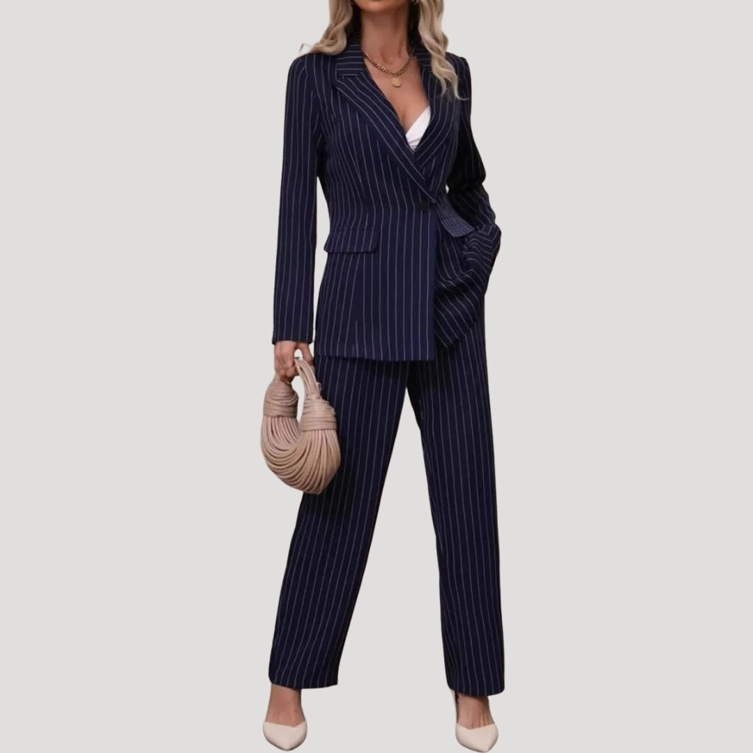 Dam kostym set med randig kavaj och byxor elegant