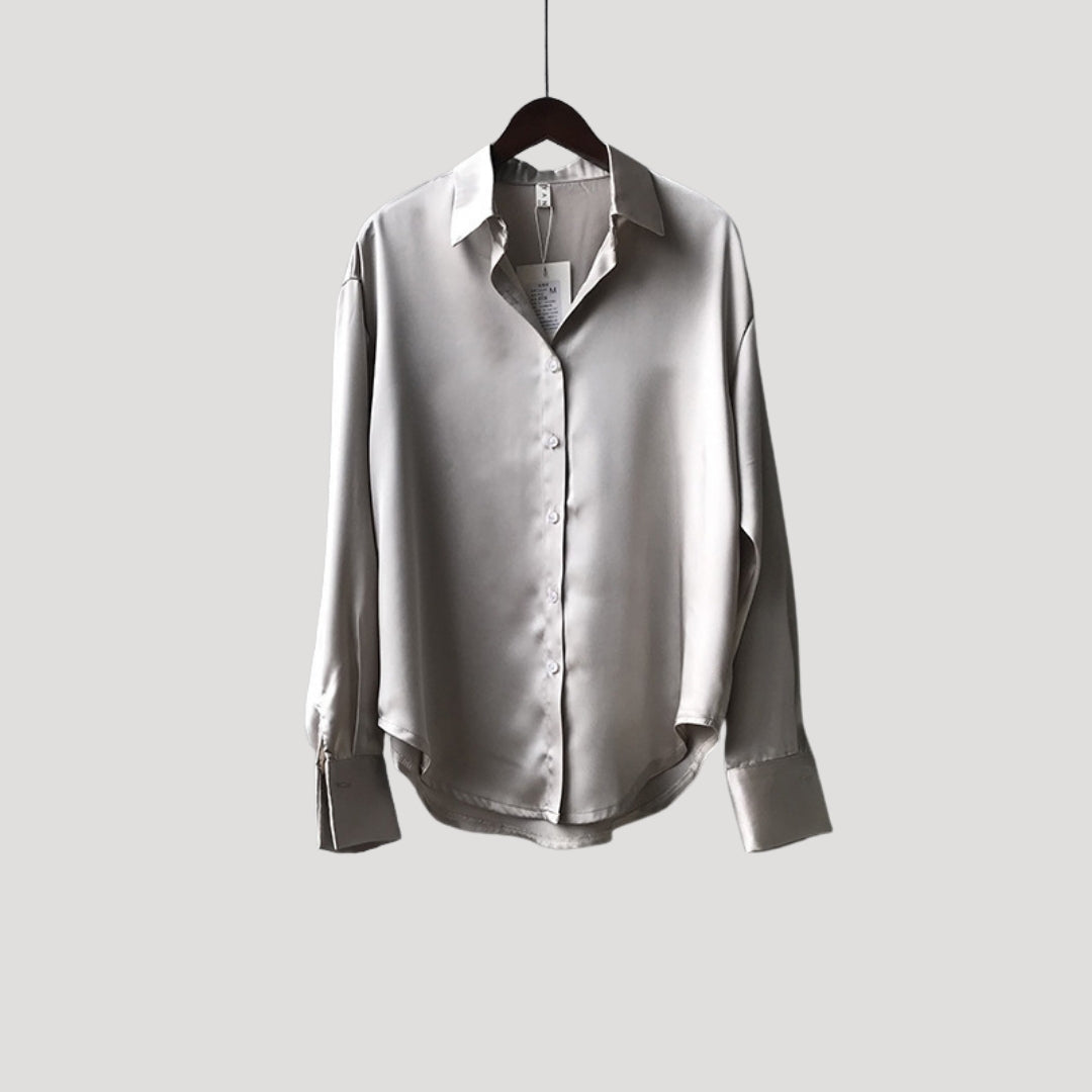 Dam sidenblus i satin långärmad skjortmodell snygga blusar elegant stil
