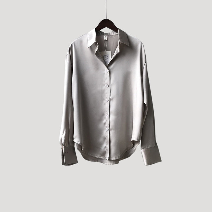 Dam sidenblus i satin långärmad skjortmodell snygga blusar elegant stil