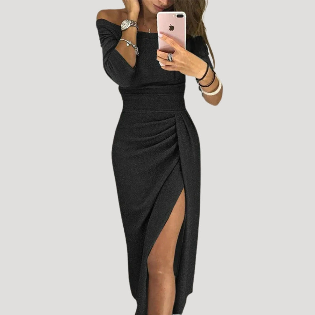 Dam midiklänning off shoulder slits elegant stil modern passform
