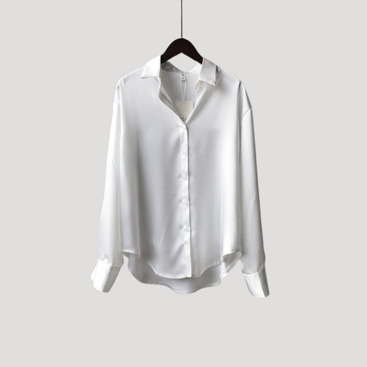 Dam sidenblus i satin långärmad skjortmodell snygga blusar elegant stil