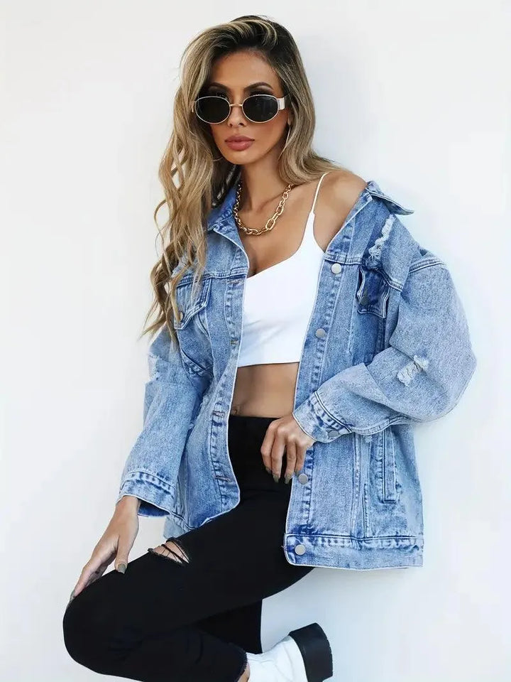 Vattentålig & Fodrad Oversized Dam Jeansjacka med Huva – Höstunderverk Talia