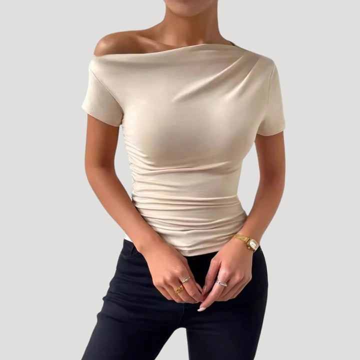 Dam off shoulder topp figurnära draperad snygga blusar