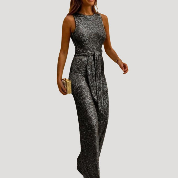 Dam byxdress paljett ärmlös jumpsuit med bälte elegant