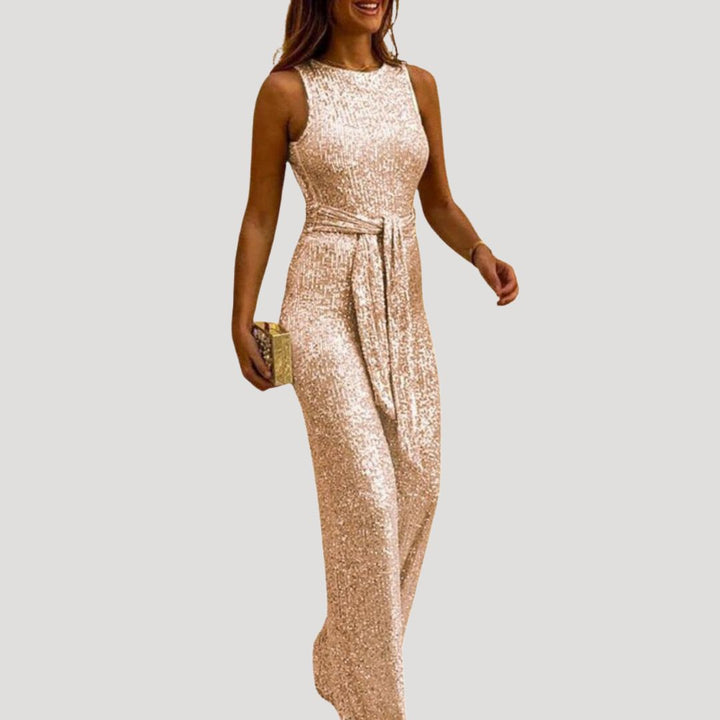 Dam byxdress paljett ärmlös jumpsuit med bälte elegant