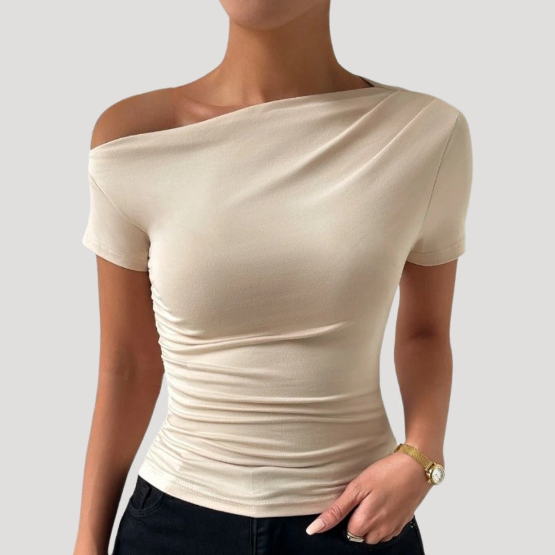 Dam off shoulder topp figurnära draperad snygga blusar