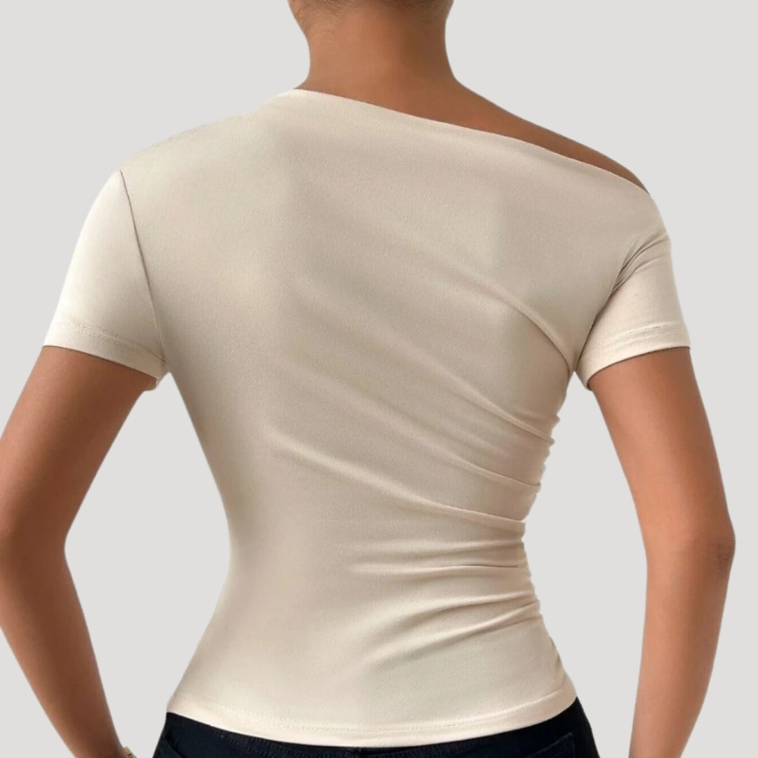 Dam off shoulder topp figurnära draperad snygga blusar