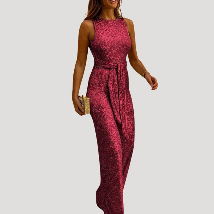 Dam byxdress paljett ärmlös jumpsuit med bälte elegant