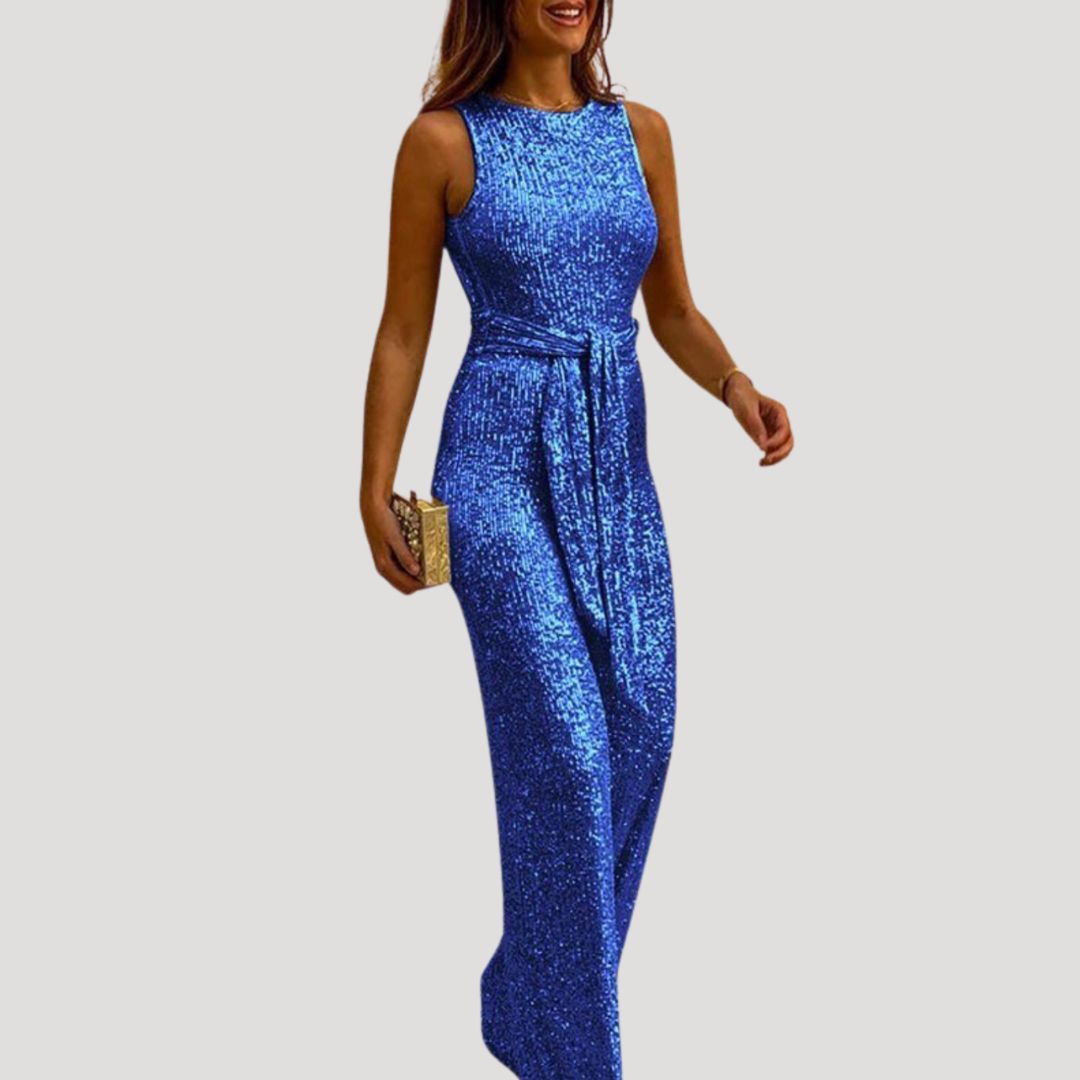 Dam byxdress paljett ärmlös jumpsuit med bälte elegant