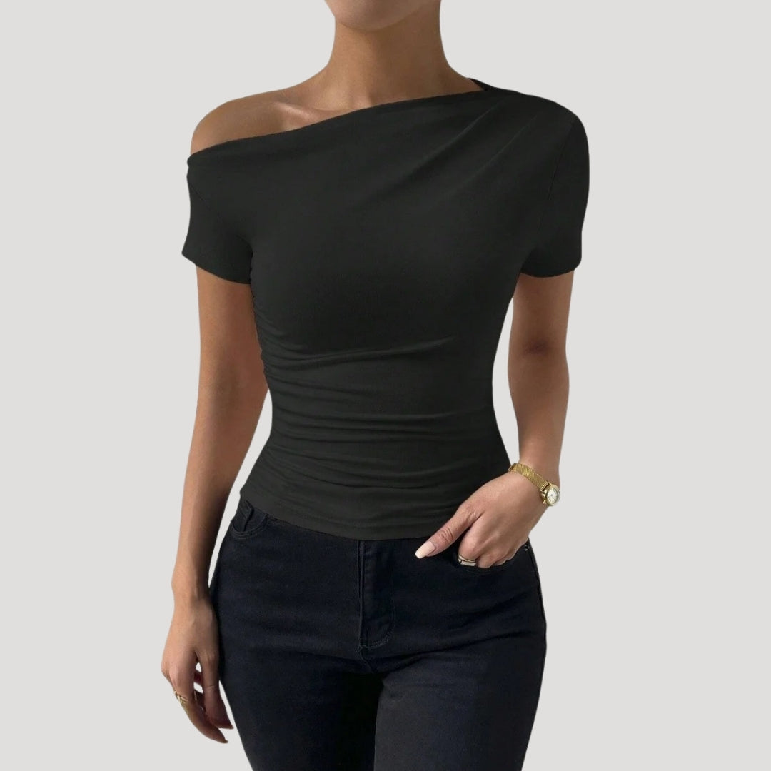 Dam off shoulder topp figurnära draperad snygga blusar