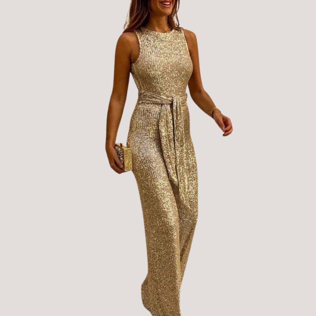 Dam byxdress paljett ärmlös jumpsuit med bälte elegant