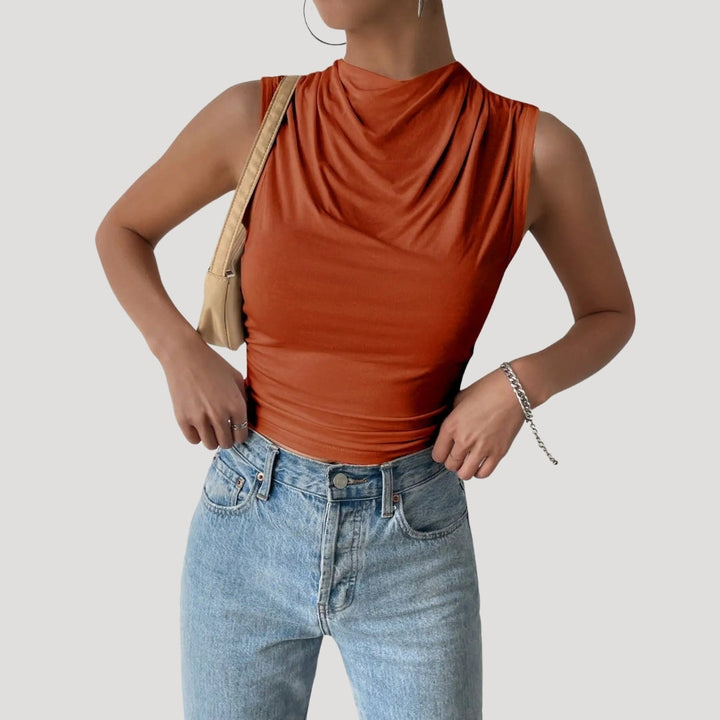 Dam draperad ärmlös topp hög hals snygga blusar till fest