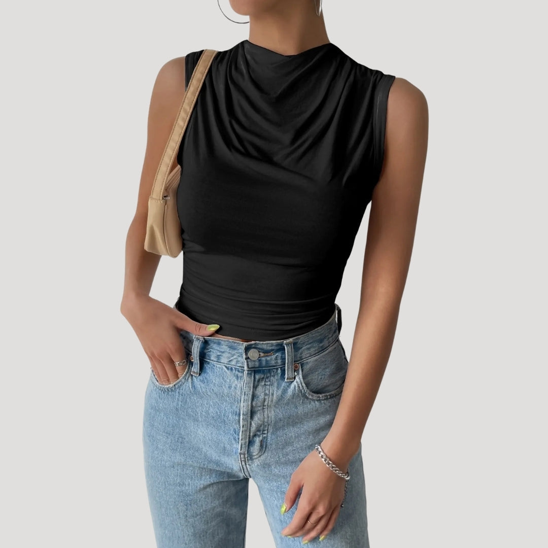 Dam draperad ärmlös topp hög hals snygga blusar till fest