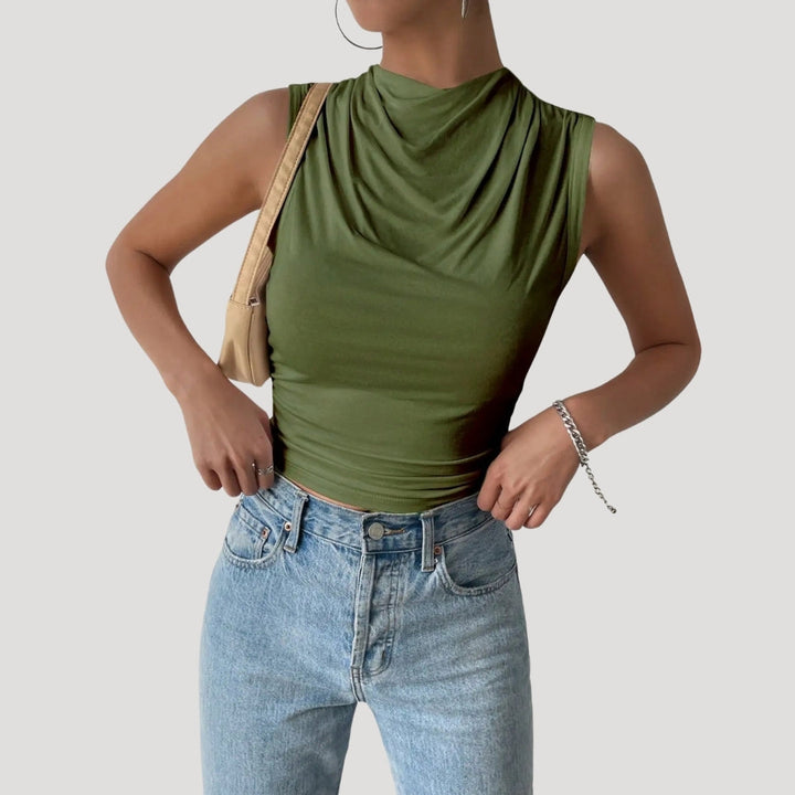 Dam draperad ärmlös topp hög hals snygga blusar till fest