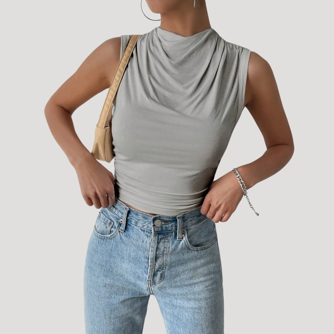 Dam draperad ärmlös topp hög hals snygga blusar till fest