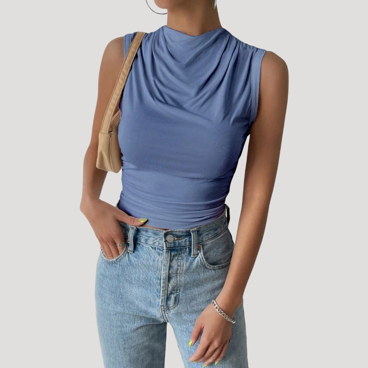Dam draperad ärmlös topp hög hals snygga blusar till fest