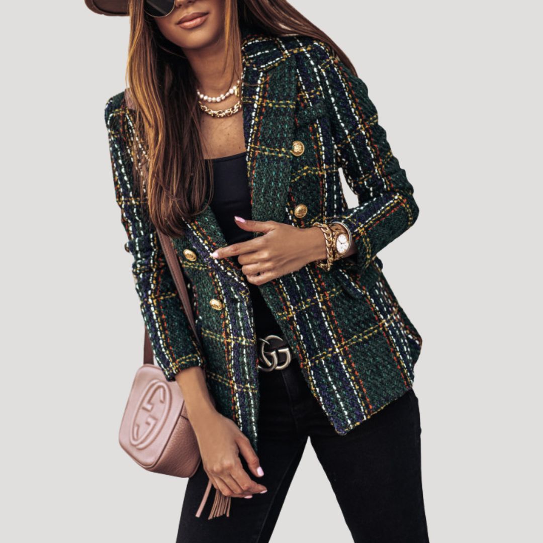 Dam rutig kavaj tweed elegant vårjacka stilren design