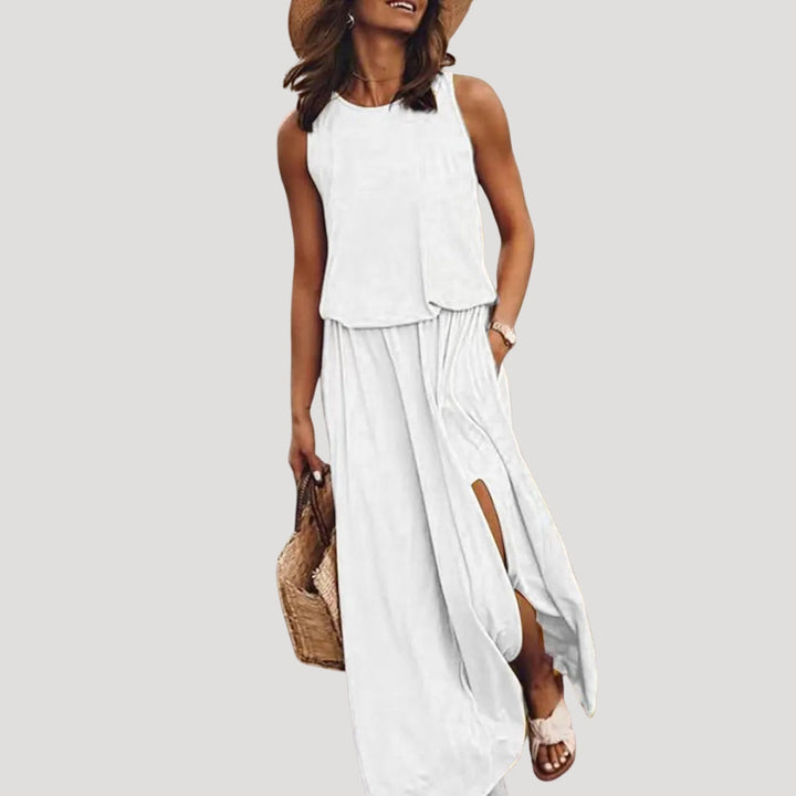 Dam långklänning med slits ärmlös sommarklänning elegant