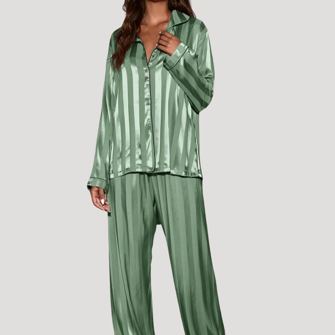 Dam satin pyjamas set randig långärmad