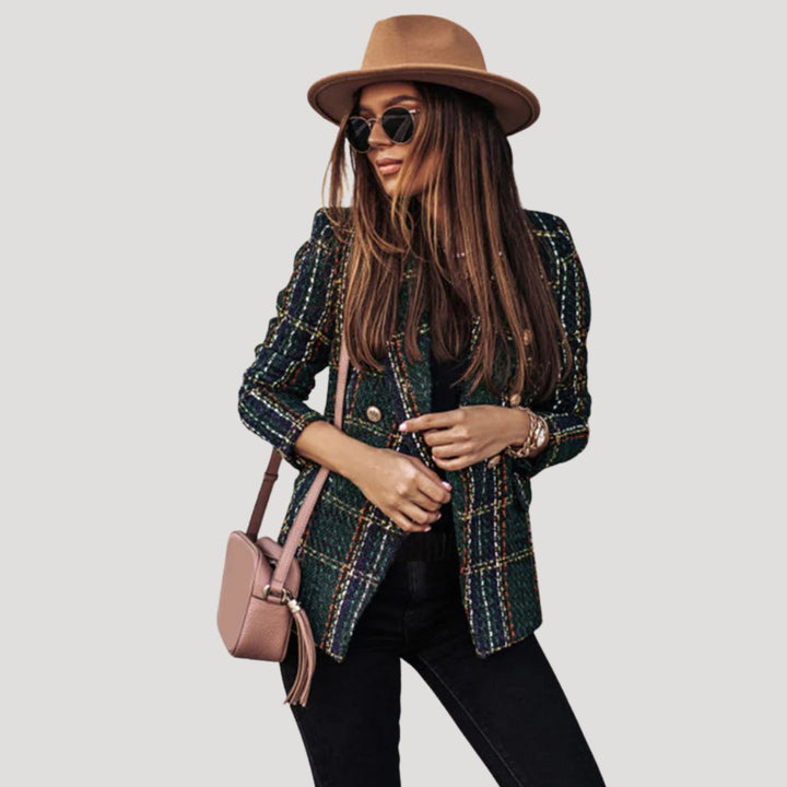 Dam rutig kavaj tweed elegant vårjacka stilren design