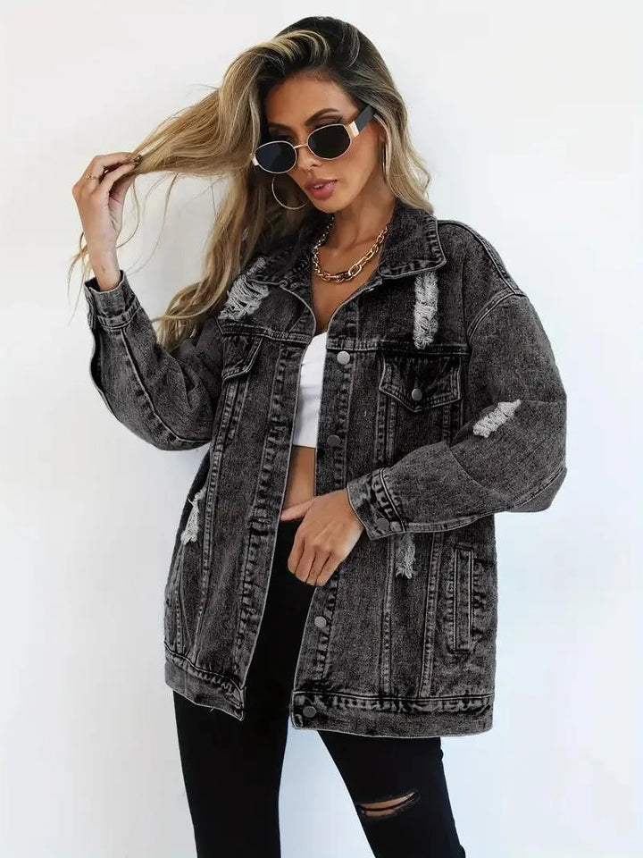 Vattentålig & Fodrad Oversized Dam Jeansjacka med Huva – Höstunderverk Talia