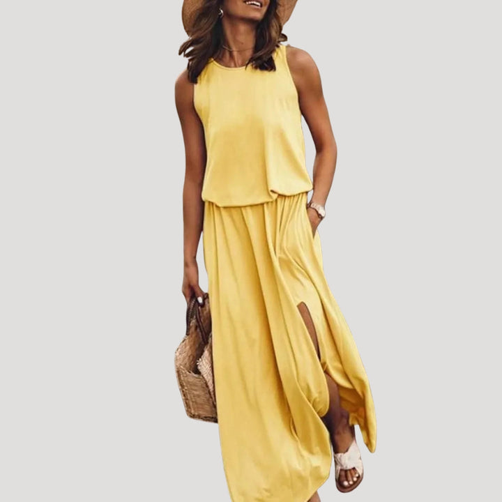 Dam långklänning med slits ärmlös sommarklänning elegant