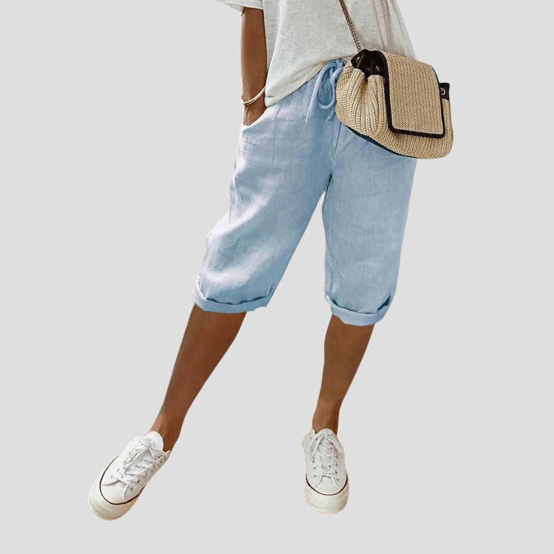Dam shorts linne knälånga med dragsko lös passform