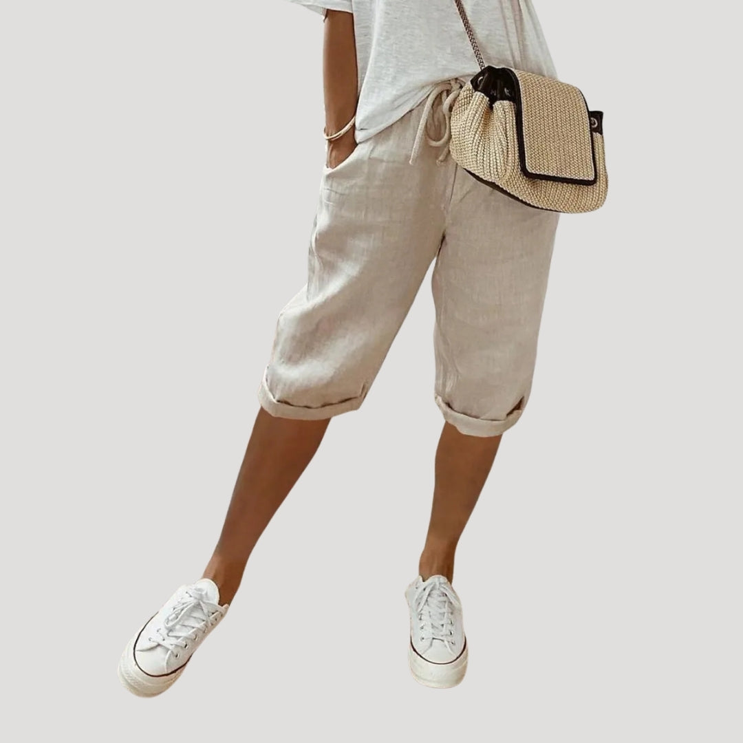 Dam shorts linne knälånga med dragsko lös passform