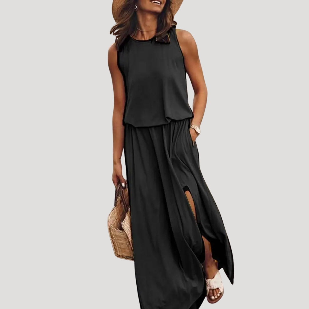 Dam långklänning med slits ärmlös sommarklänning elegant
