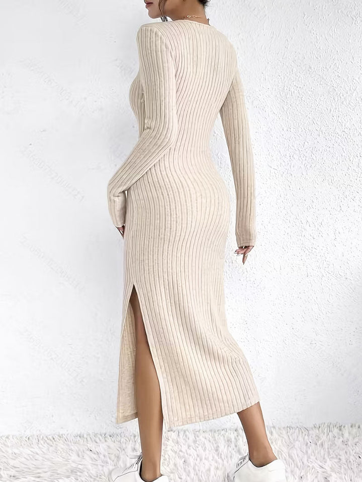 Ashley Stickad klänning | Ribbad lång klänning med turtleneck