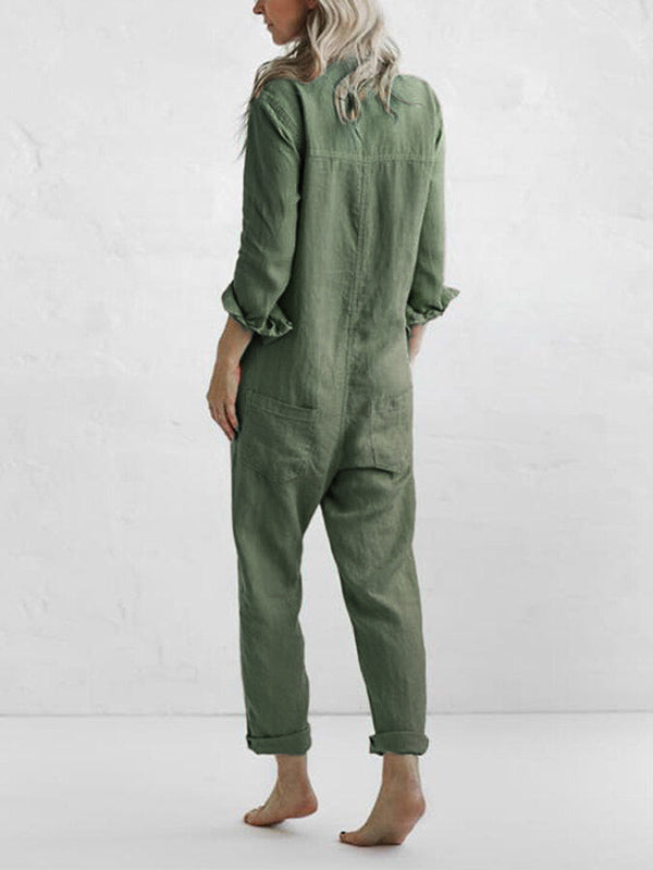 Avslappnad jumpsuit | knappslå | krage | långärmad jumpsuit | linnejumpsuit dam