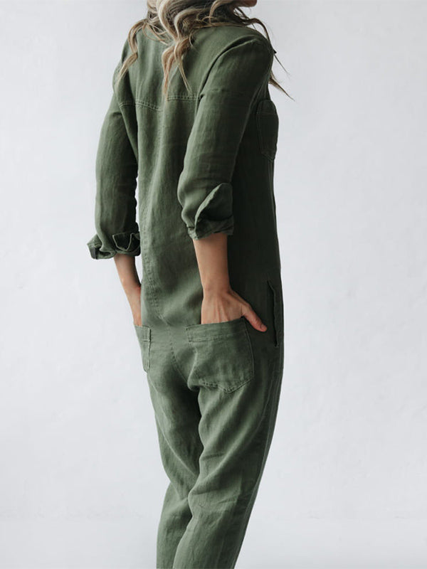 Avslappnad jumpsuit | knappslå | krage | långärmad jumpsuit | linnejumpsuit dam
