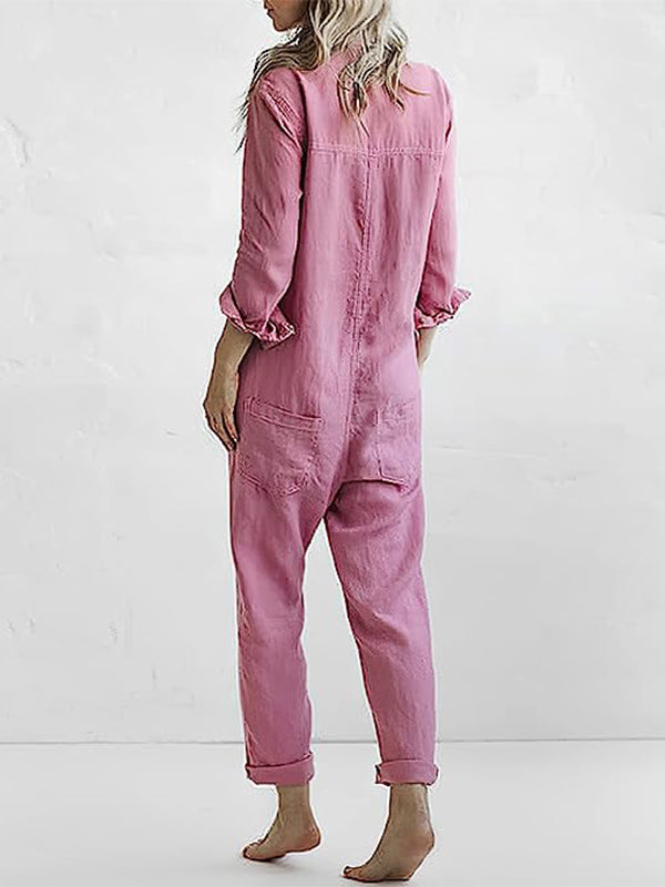 Avslappnad jumpsuit | knappslå | krage | långärmad jumpsuit | linnejumpsuit dam