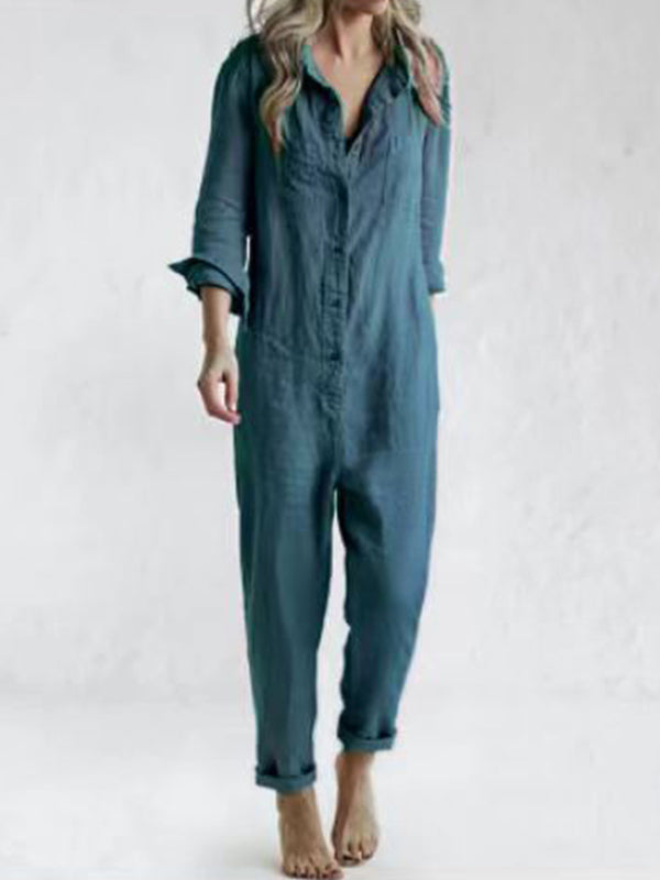 Avslappnad jumpsuit | knappslå | krage | långärmad jumpsuit | linnejumpsuit dam