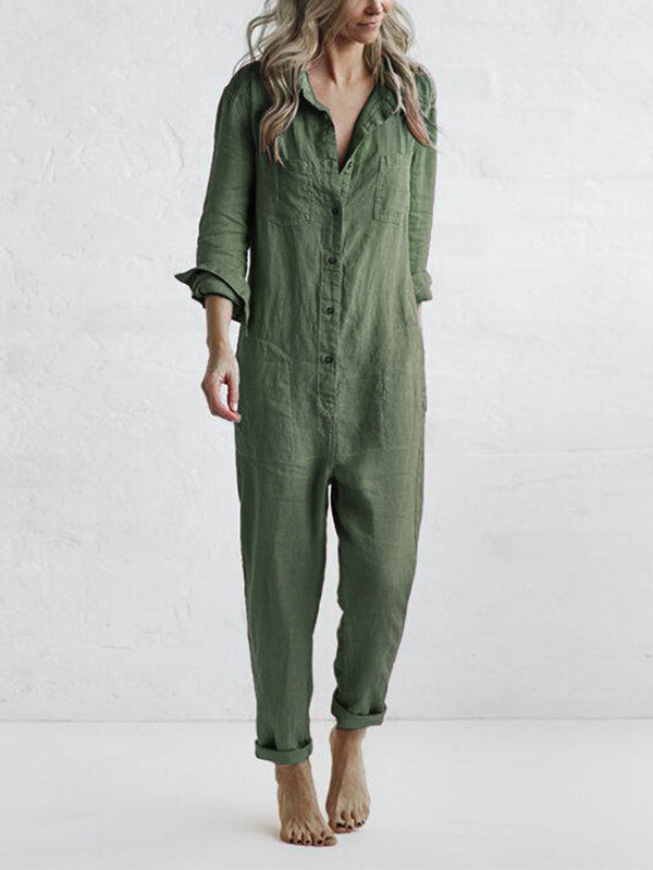 Avslappnad jumpsuit | knappslå | krage | långärmad jumpsuit | linnejumpsuit dam