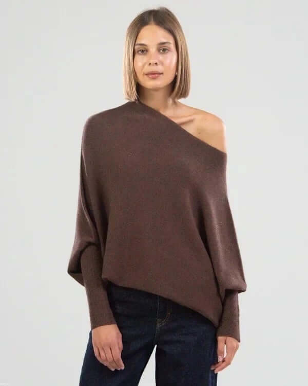 Batwing-tröja | Löst sittande | En axel | Stickad tröja | Damkläder