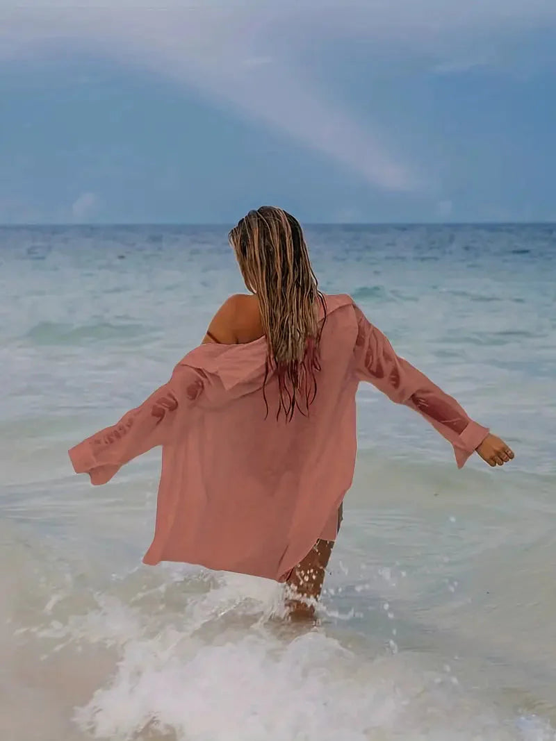 Beach Cover-Up - Halvtransparent - Långärmad - Linnekjol - Bikiniöverdrag