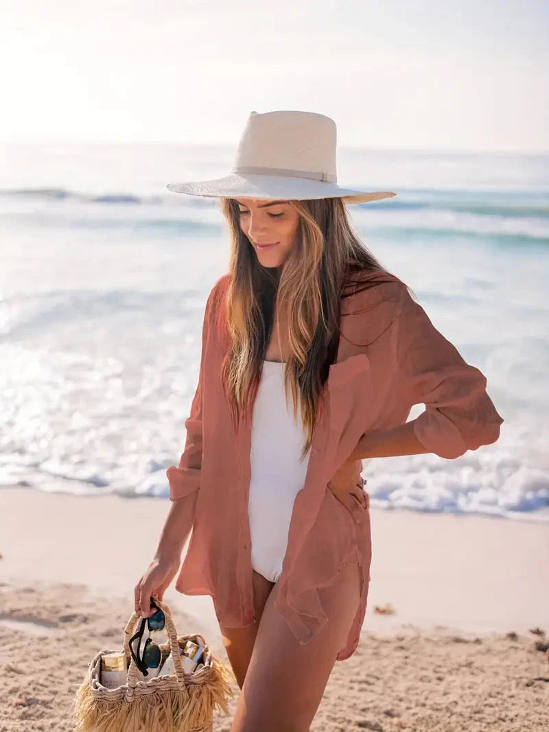 Beach Cover-Up - Halvtransparent - Långärmad - Linnekjol - Bikiniöverdrag