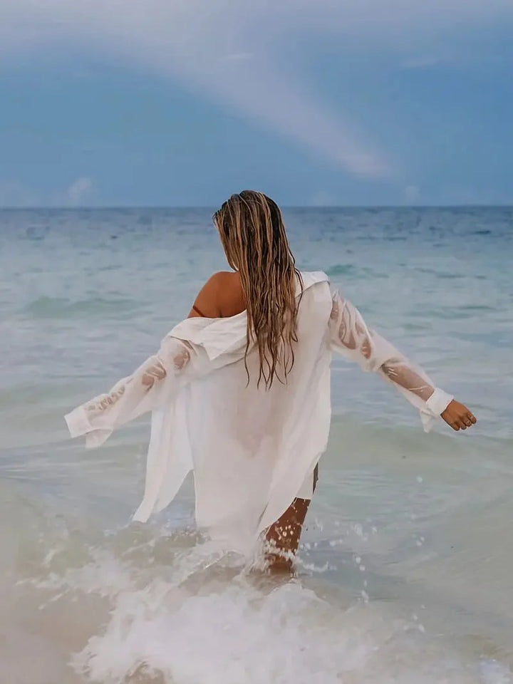 Beach Cover-Up - Halvtransparent - Långärmad - Linnekjol - Bikiniöverdrag