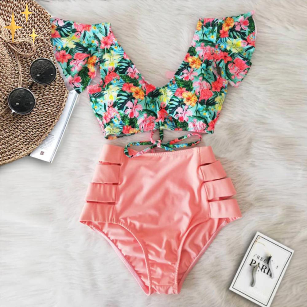 Bikiniset - Tvådelat - Volangärmar - Bikini med hög midja - Damunderkläder
