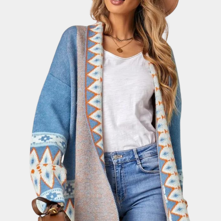 Blå kofta – Boho – Öppen fram – Lång kofta – Damtröjor